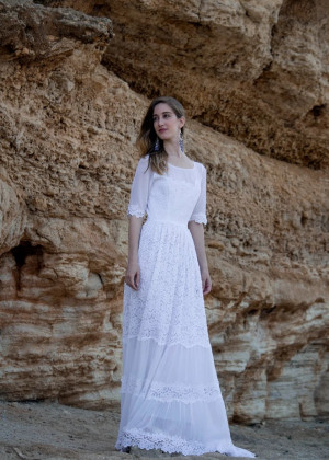 Elbow Sleeves White Lace Chiffon Boho Wedding Dress